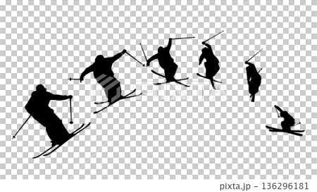 スキーヤーのジャンプ　シルエットの連続動作（ベクター素材） 136296181