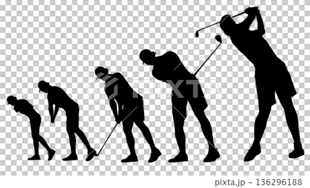 Silhouette of a man swinging a golf club (continuous form) Silhouette of a man swinging a golf club (continuous form) 136296188