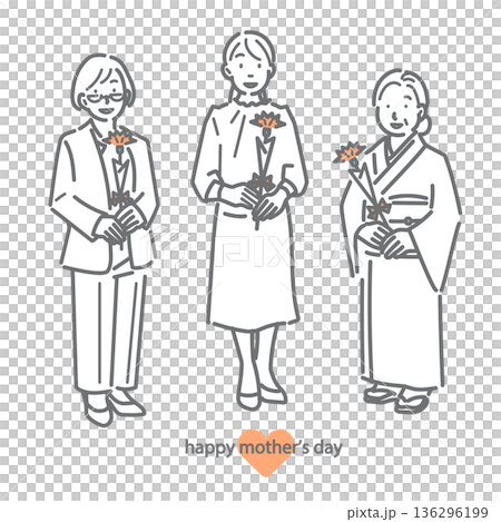 Mothers of various generations holding carnations Mother's Day Simple and stylish line drawing illustration 136296199