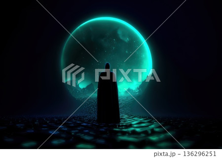 Person in cloak faces glowing orb 136296251