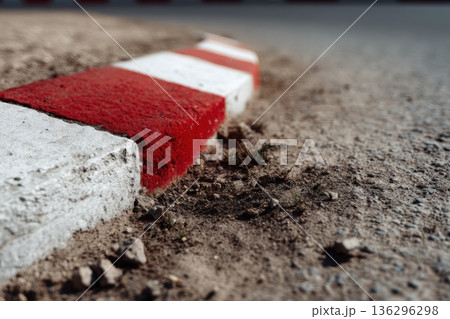 Close-up of a red and white striped curb separating road from dirt, underneath bright sunlight 136296298