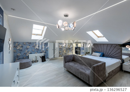 Panoramic View of Elegant Master Bedroom in Attic Suite 136296527