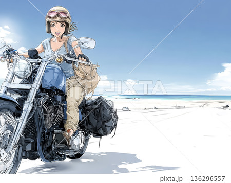 アメリカンバイクで海辺を走る女性ライダー｜爽快な海沿いツーリング 136296557