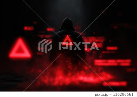 Hooded figure emerges from red haze in the dark Hooded figure emerges from red haze in the dark 136296561