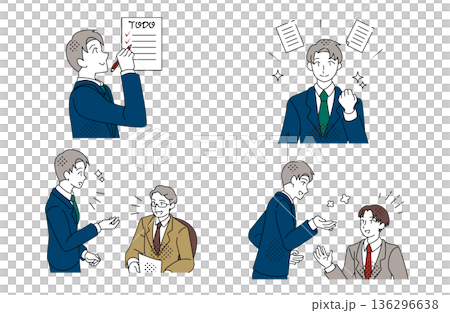 業務確認・タスク管理・社内コミュニケーションを行うビジネスマンのイラストセット 業務確認・タスク管理・社内コミュニケーションを行うビジネスマンのイラストセット 136296638