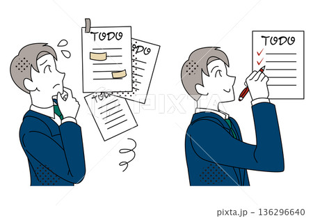 タスクを整理しチェックリストで業務を進めるビジネスマンのイラスト タスクを整理しチェックリストで業務を進めるビジネスマンのイラスト 136296640