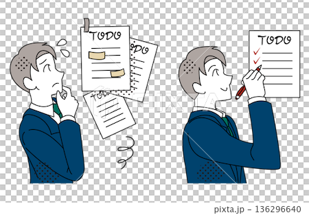 タスクを整理しチェックリストで業務を進めるビジネスマンのイラスト タスクを整理しチェックリストで業務を進めるビジネスマンのイラスト 136296640