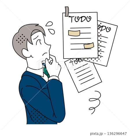 ToDoが多くタスク整理や優先順位に悩むビジネスマンのイラスト 136296647
