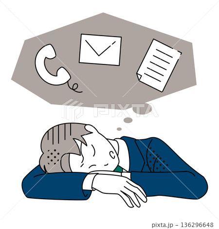 電話やメール対応に追われ疲れてしまったビジネスマンのイラスト 136296648