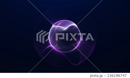 Glowing purple energy sphere with smooth plasma waves and soft gradient light on dark background. Futuristic digital orb with elegant depth, minimal design and modern abstract atmosphere. 136296747