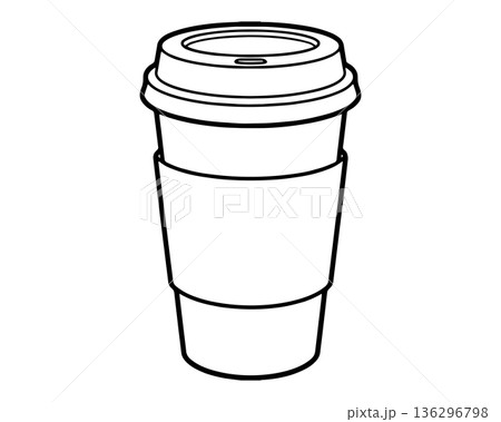 Blank Takeaway Paper Coffee Cup with Sleeve. Line Art Vector Illustration of Disposable Hot Beverage Container for Mockup. Blank Takeaway Paper Coffee Cup with Sleeve. Line Art Vector Illustration of Disposable Hot Beverage Container for Mockup. 136296798