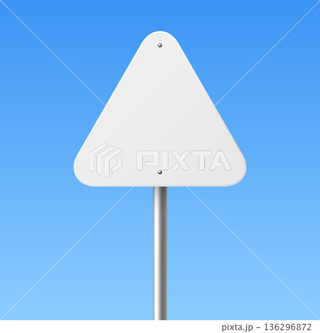 Vector 3d Blank Triangle Road Sign on Metal Pole. Empty Traffic Warning Sign Template on Blue Sky Background 136296872
