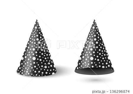 Vector 3d Realistic Black and White Party Hat Set. Glossy Celebration Party Hat for Birthday. New Year, Holiday Event, Carnival Decoration. Festive Accessory. Party Hat Illustration 136296874