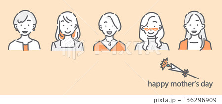 笑顔の若いお母さんたち　母の日　シンプルでお洒落な線画イラスト 136296909