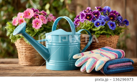 Garden tools and flowers on wooden surface 136296973