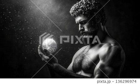 Bearded man holding glowing orb against starry void 136296974