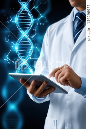 Doctor Analyzing DNA Strand on Tablet 136296975