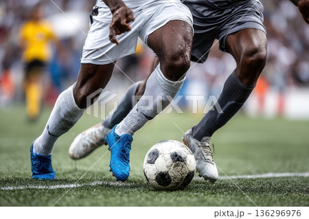 soccer players competing for ball on grass field 136296976