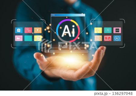 AI artificial intelligence chatbot assistant interface multimedia data, smart technology productivity automation content displays glowing icons hovering over open palm of person in blue AI artificial intelligence chatbot assistant interface multimedia data, smart technology productivity automation content displays glowing icons hovering over open palm of person in blue 136297048