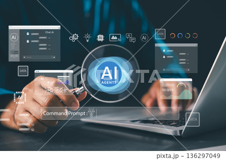AI agent tool exploration provides smart system interface analysis featuring command prompt and data research windows while user holds magnifying glass over laptop for AI technology AI agent tool exploration provides smart system interface analysis featuring command prompt and data research windows while user holds magnifying glass over laptop for AI technology 136297049