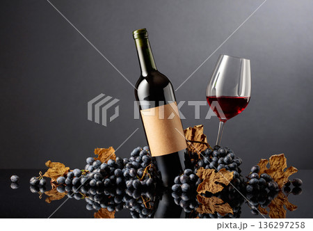 Bottle of red wine with blue grapes on a black reflective background. Bottle of red wine with blue grapes on a black reflective background. 136297258