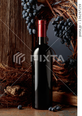 Bottle of red wine against the backdrop of an old weathered board, dried vine, and grapes. Bottle of red wine against the backdrop of an old weathered board, dried vine, and grapes. 136297259