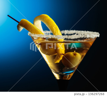 Glass of Martini with green olives and lemon peel. 136297268