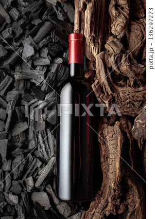 Bottle of red wine against a backdrop of charcoal and dry snags. Bottle of red wine against a backdrop of charcoal and dry snags. 136297273