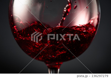 Red wine of rich dark color being poured into a glass. Red wine of rich dark color being poured into a glass. 136297279