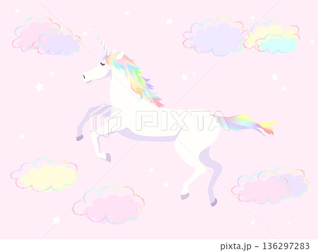 ゆめかわ空を飛ぶユニコーンのイラスト 136297283