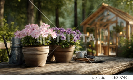 Potted flowers on wooden table in garden 136297403