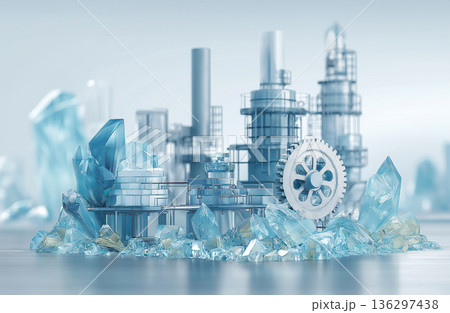 レアアース結晶と工業プラントが融合した未来産業インフラのイメージ 136297438