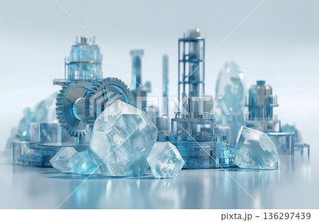 レアアース結晶と工業プラントが融合した未来産業インフラのイメージ 136297439