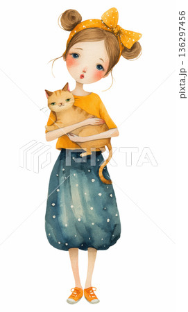 Watercolor cute doll girl rag doll holding cat doll and wearing a yellow shirt and blue dress costume clip art illustration isolated on white background Watercolor cute doll girl rag doll holding cat doll and wearing a yellow shirt and blue dress costume clip art illustration isolated on white background 136297456