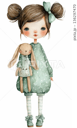 Watercolor cute doll girl rag doll holding rabbit doll and wearing a green dress costume clip art illustration isolated on white background 136297470