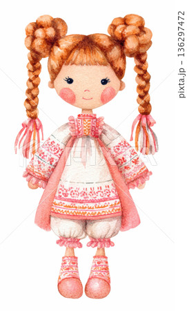 Watercolor cute doll girl Ukrainian rag doll motanka has braided hair and wears a pink traditional lace dress costume clip art illustration isolated on white background Watercolor cute doll girl Ukrainian rag doll motanka has braided hair and wears a pink traditional lace dress costume clip art illustration isolated on white background 136297472