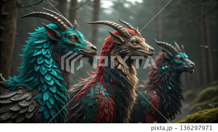 Cinematic close-up of three majestic mythical chimera creatures Cinematic close-up of three majestic mythical chimera creatures 136297971