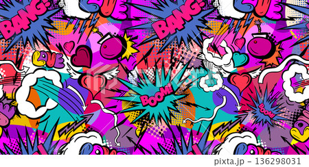 Seamless heart pattern with colored hand drawn art abstract graffiti brush drawing background elements Seamless heart pattern with colored hand drawn art abstract graffiti brush drawing background elements 136298031