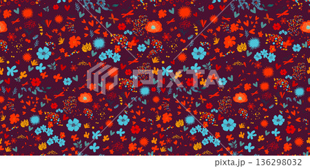 Seamless pattern with small red and blue flowers . Hand drawn. Not AI, vector illustration 136298032