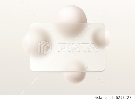 Minimal light glassmorphism panel with soft neutral spheres on cream background 136298122
