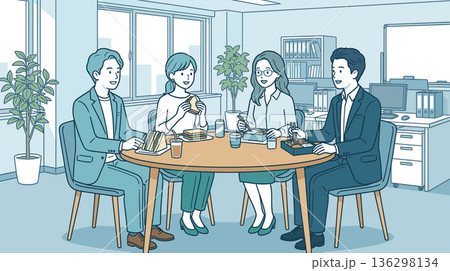 オフィスの昼休みにランチをとる社員チームのイラスト オフィスの昼休みにランチをとる社員チームのイラスト 136298134