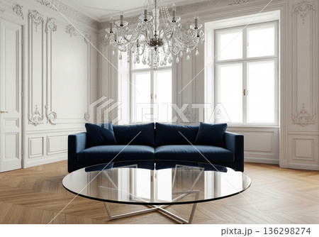 Classic white living room interior with blue velvet sofa and crystal chandelier on parquet 136298274
