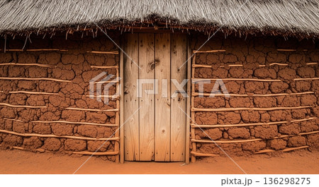 Rustic wooden door in textured red mud wall of traditional hut with dry thatched roof 136298275