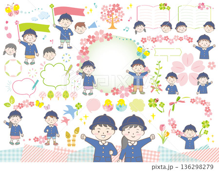 園服を着た子供の入園イラストセット 春 園服を着た子供の入園イラストセット 春 136298279