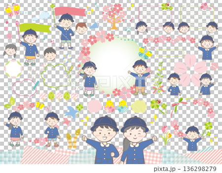 園服を着た子供の入園イラストセット 春 園服を着た子供の入園イラストセット 春 136298279