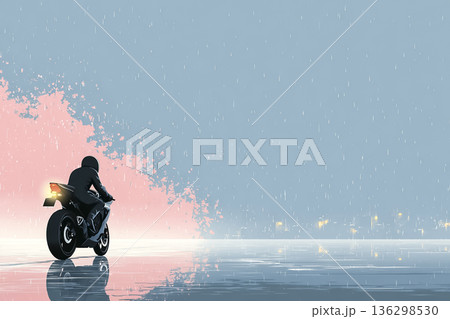 雨の夜を走るバイクのシルエット｜都会的でシネマティックなライディングイメージ 136298530