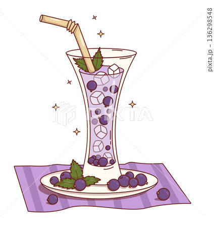 Purple Blackcurrant Drink with Ice Cubes, Berries and Mint Leaves. Seasonal Refreshing Cocktail in glass and straw on Saucer and Striped Napkin. Vector Illustration. 136298548