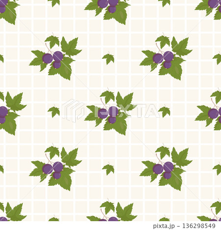 Blackcurrant Branches Seamless Pattern. Purple Berries with Leaves on Light Checkered Background. Botanical Fruit Square template Ornament. Vector illustration Blackcurrant Branches Seamless Pattern. Purple Berries with Leaves on Light Checkered Background. Botanical Fruit Square template Ornament. Vector illustration 136298549