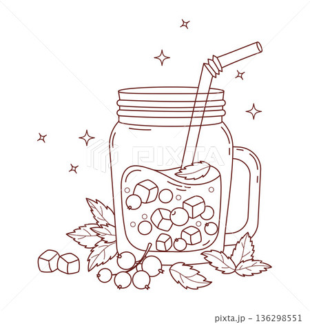 Outline Blackcurrant Drink with Ice Cubes, Berries in clear in mason jar. Seasonal Refreshing Cocktail with straw and Mint. Line drawing, coloring page. Vector Illustration Outline Blackcurrant Drink with Ice Cubes, Berries in clear in mason jar. Seasonal Refreshing Cocktail with straw and Mint. Line drawing, coloring page. Vector Illustration 136298551