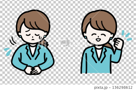 商業插畫:一位女士從道歉轉變為正面回應 商業插畫:一位女士從道歉轉變為正面回應 136298612